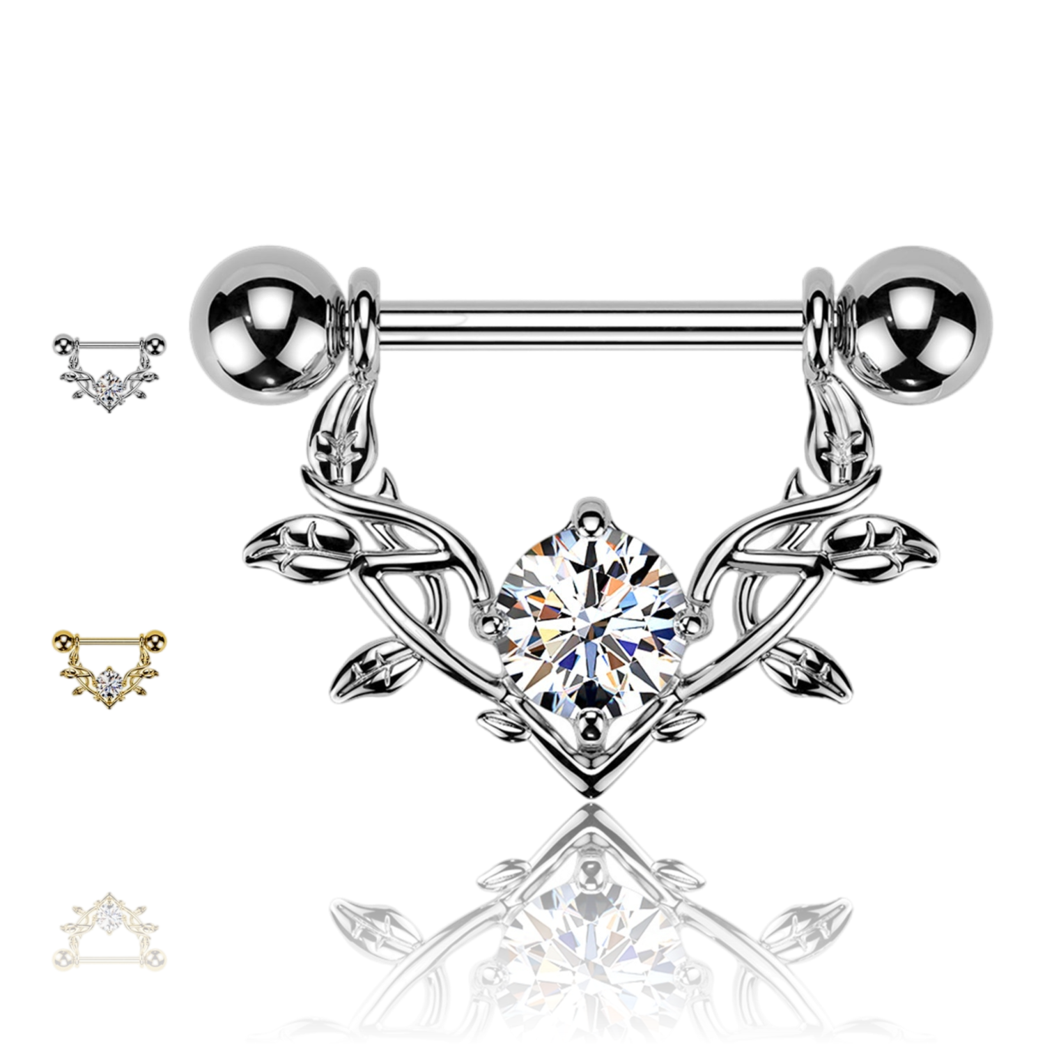 Piercing per Capezzolo con Cuore Stilizzato e Rami Spinati con Cristallo