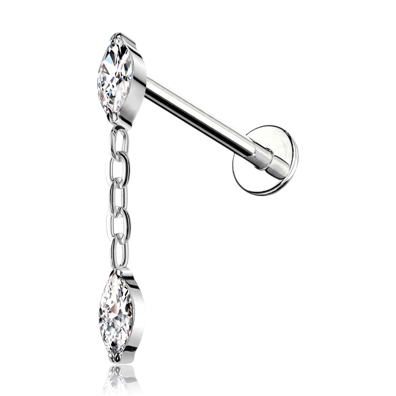 Piercing Labret in Titanio con cristallo a forma di marquise e catena e con Filettatura Interna