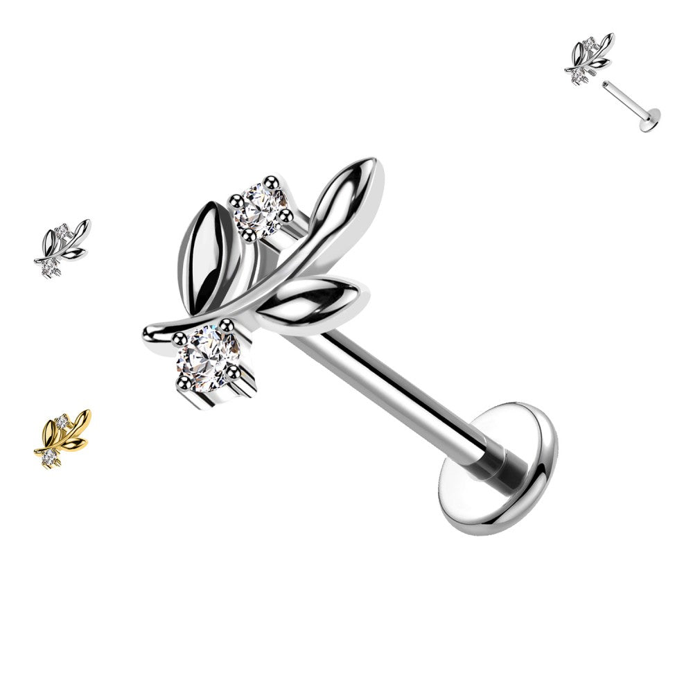 Labret Ramo con Foglie e Cristalli Eleganti
