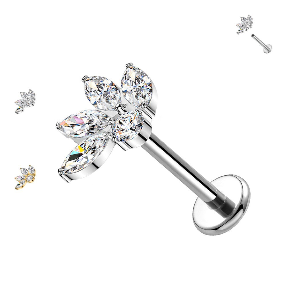 Labret Fiore con Cristalli Trasparenti in Acciaio Chirurgico