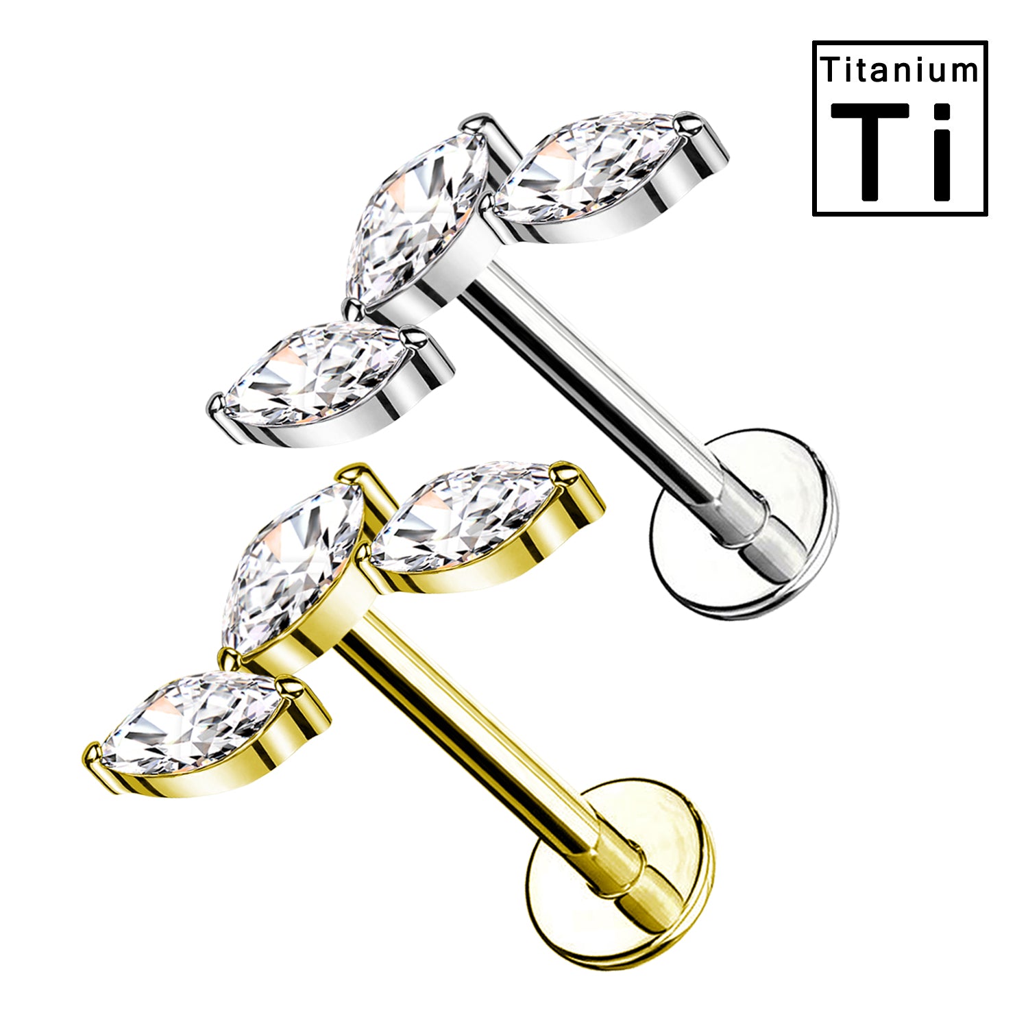 Piercing Labret in Titanio con Cristalli a Forma di Foglie e con Filettatura Interna