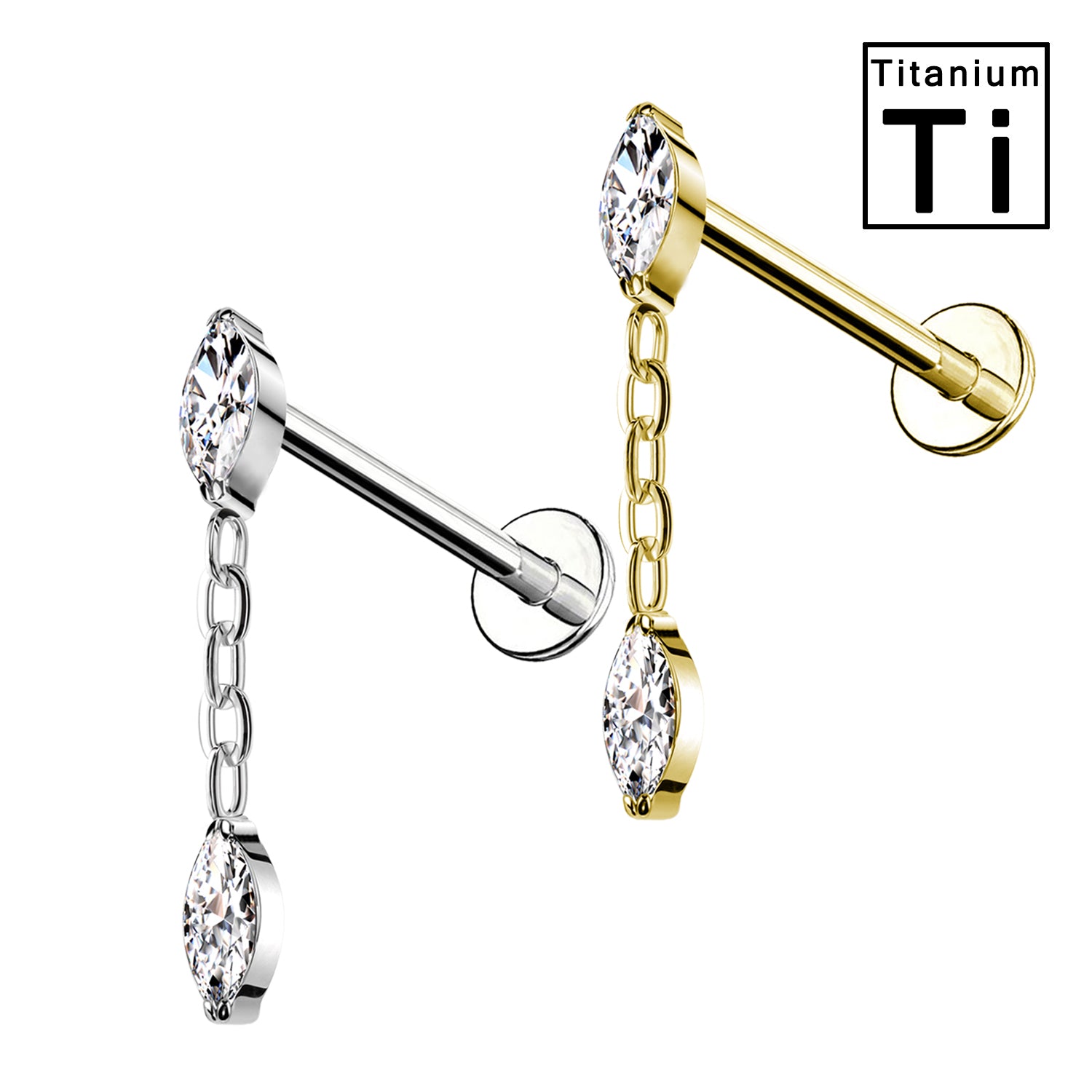 Piercing Labret in Titanio con cristallo a forma di marquise e catena e con Filettatura Interna