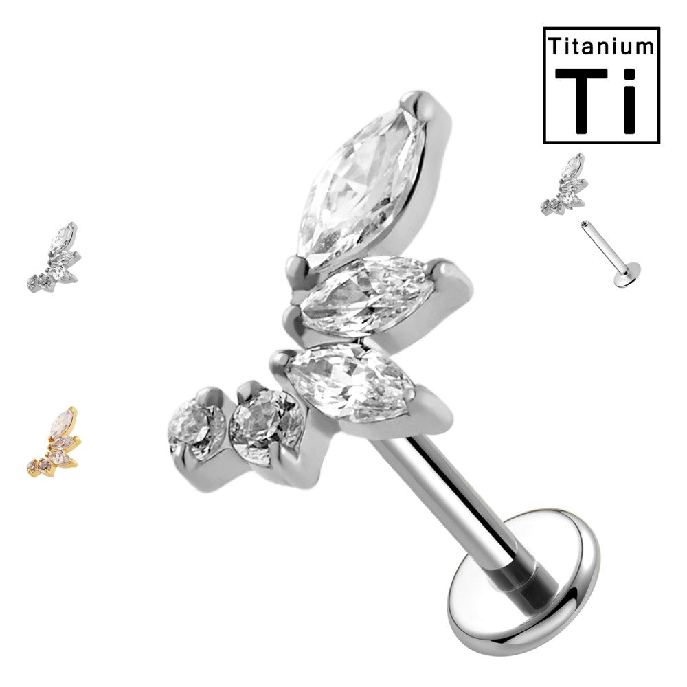 Labret Titanio Foglia con Cristalli in Oro e Argento
