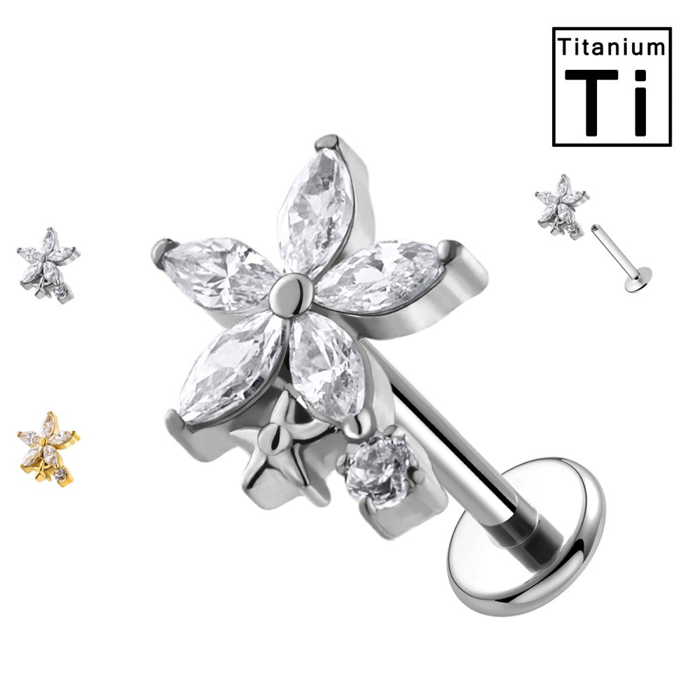 Labret Titanio Fiore e Stella con Cristalli Trasparenti