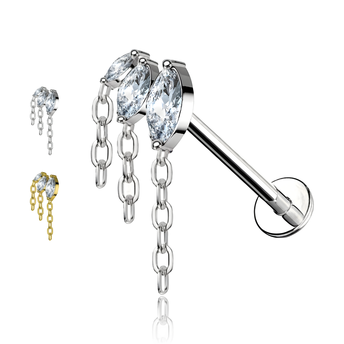 Labret In Titanio Con 3 Cristalli con Catene