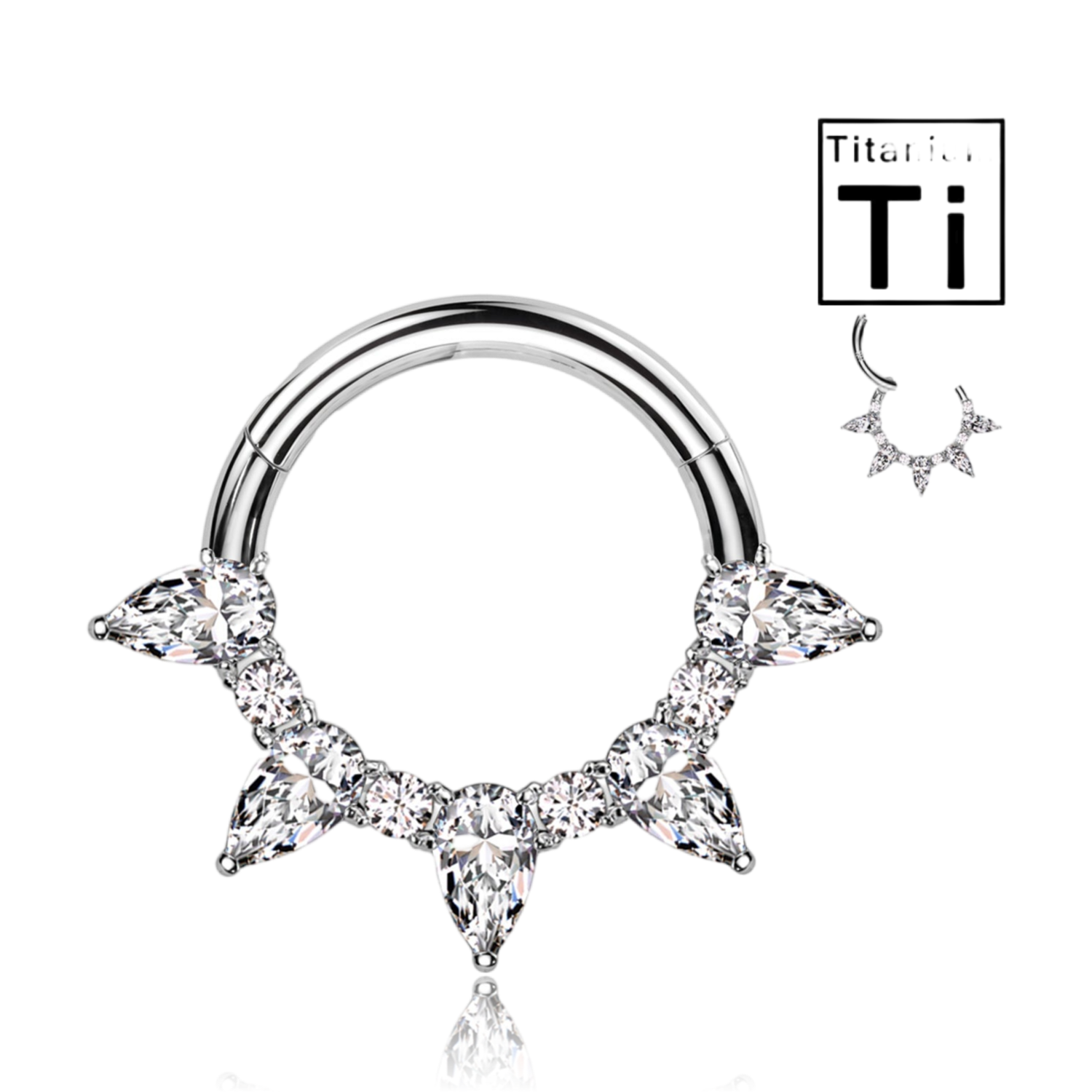Piercing Cerchio Clicker in Titanio con Cinque Cristalli Taglio Pera e Quattro Cristalli Tondi