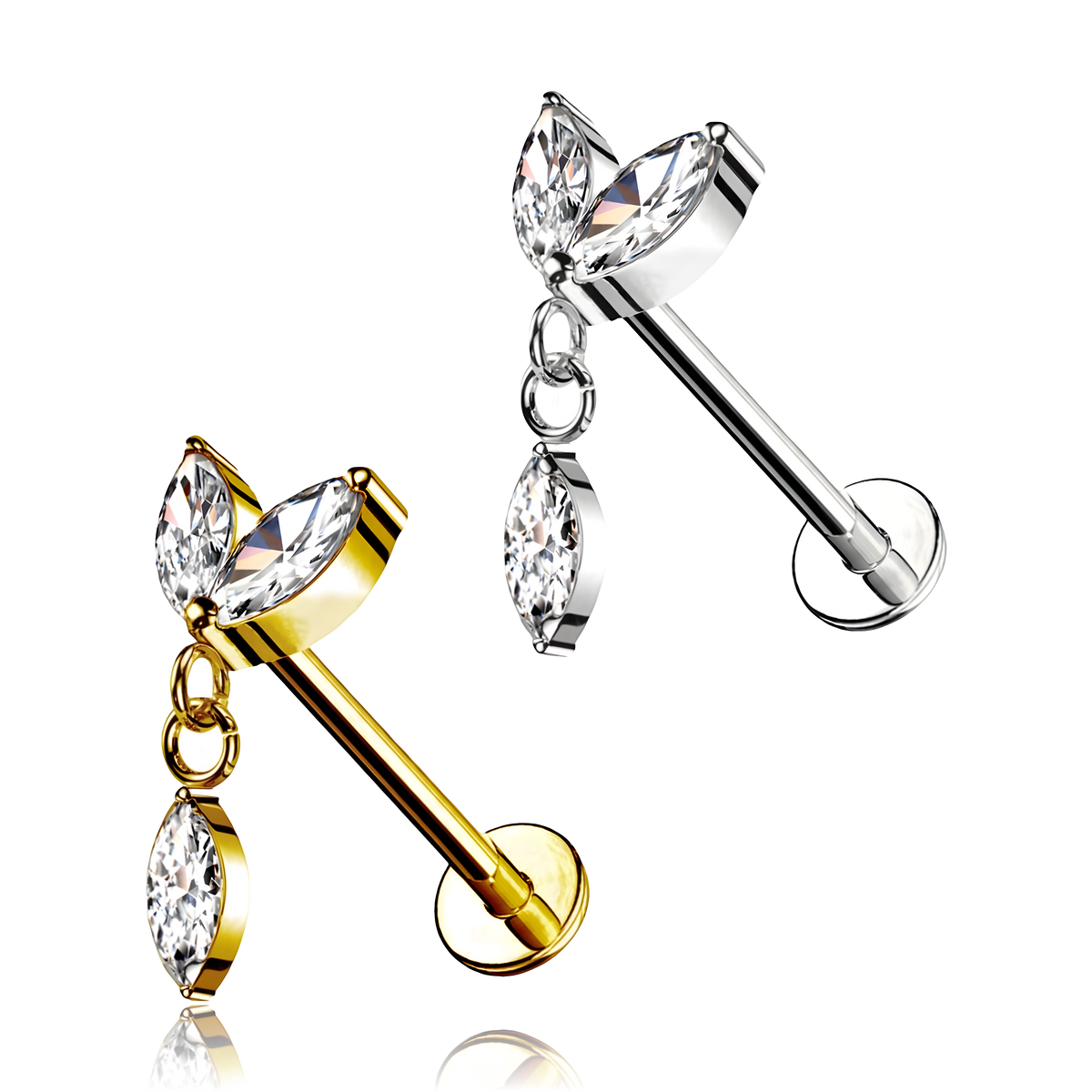 Labret in Titanio a forma di foglie con pendente e cristalli bianchi e con Filettatura Interna
