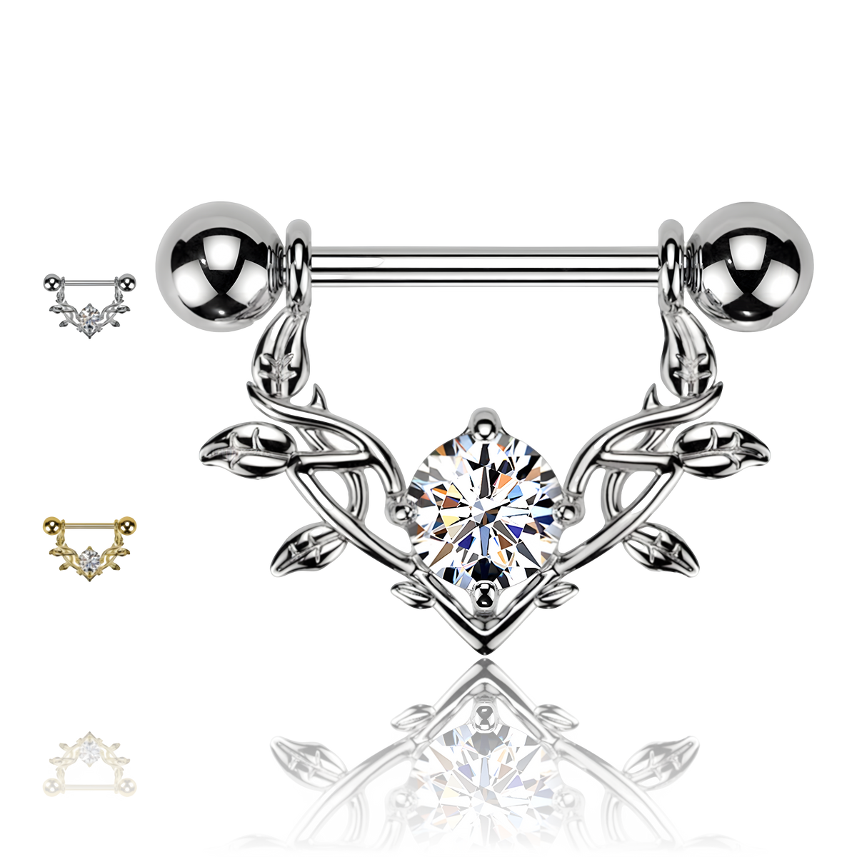 Piercing per Capezzolo con Cuore Stilizzato e Rami Spinati con Cristallo