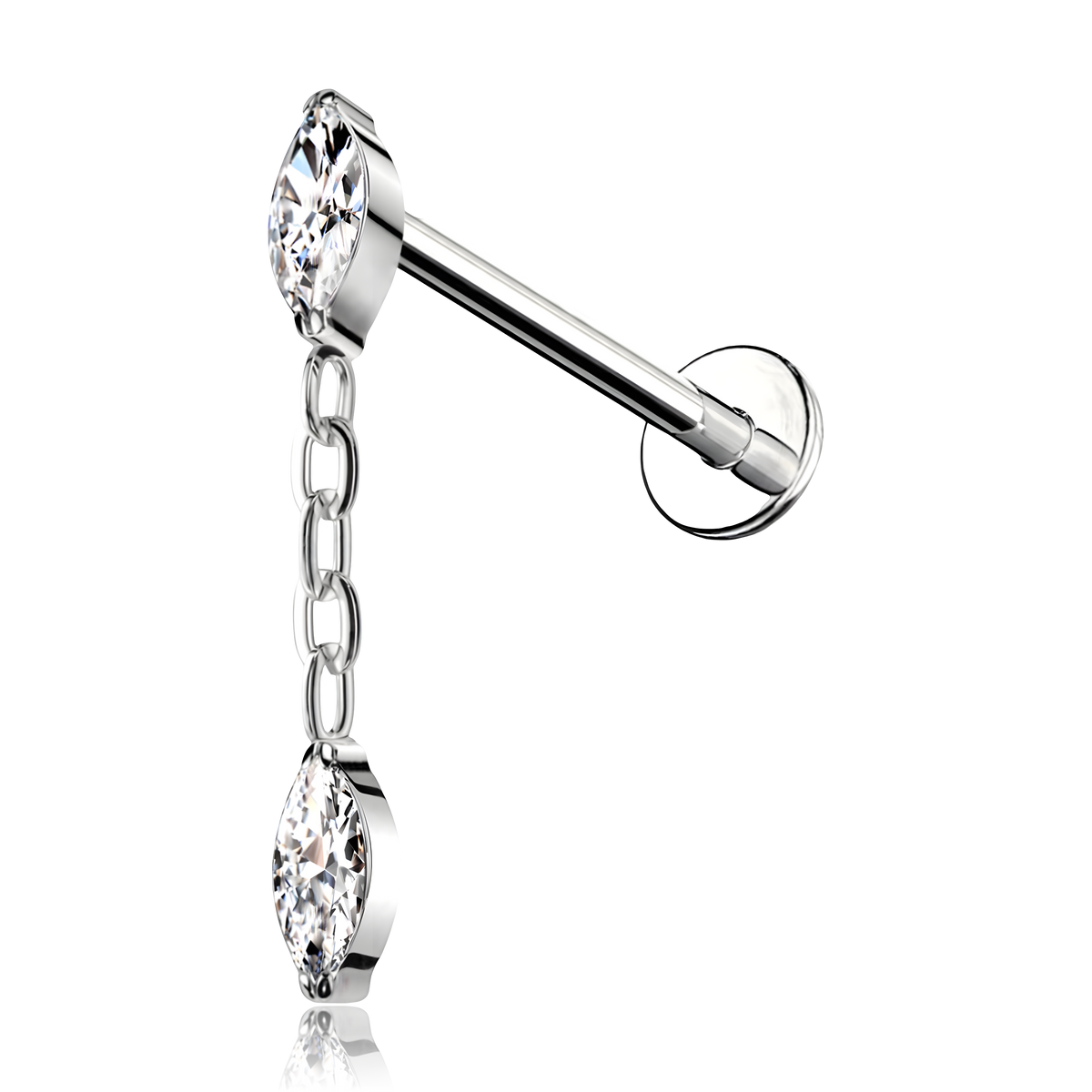 Labret in Titanio con cristallo a forma di marquise e catena e con Filettatura Interna