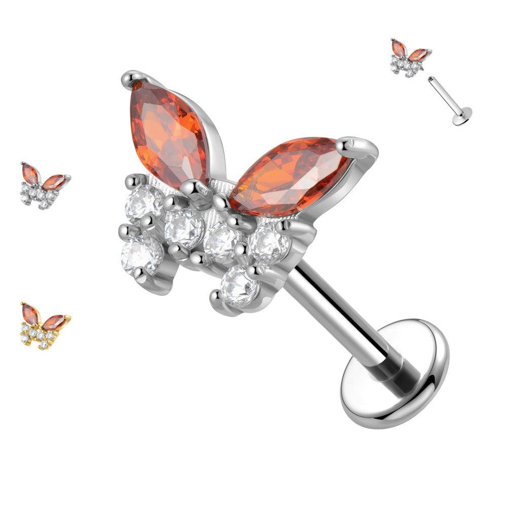 Labret con Farfalla e Cristalli in Acciaio 316L