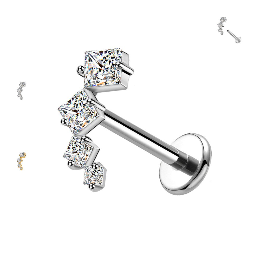 Labret Elegante con Cristalli Quadrati e Filettatura Interna