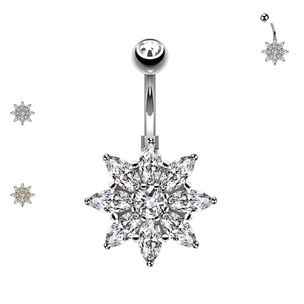 Navel Piercing Ombelico Fiore di Cristalli Acciaio Oro