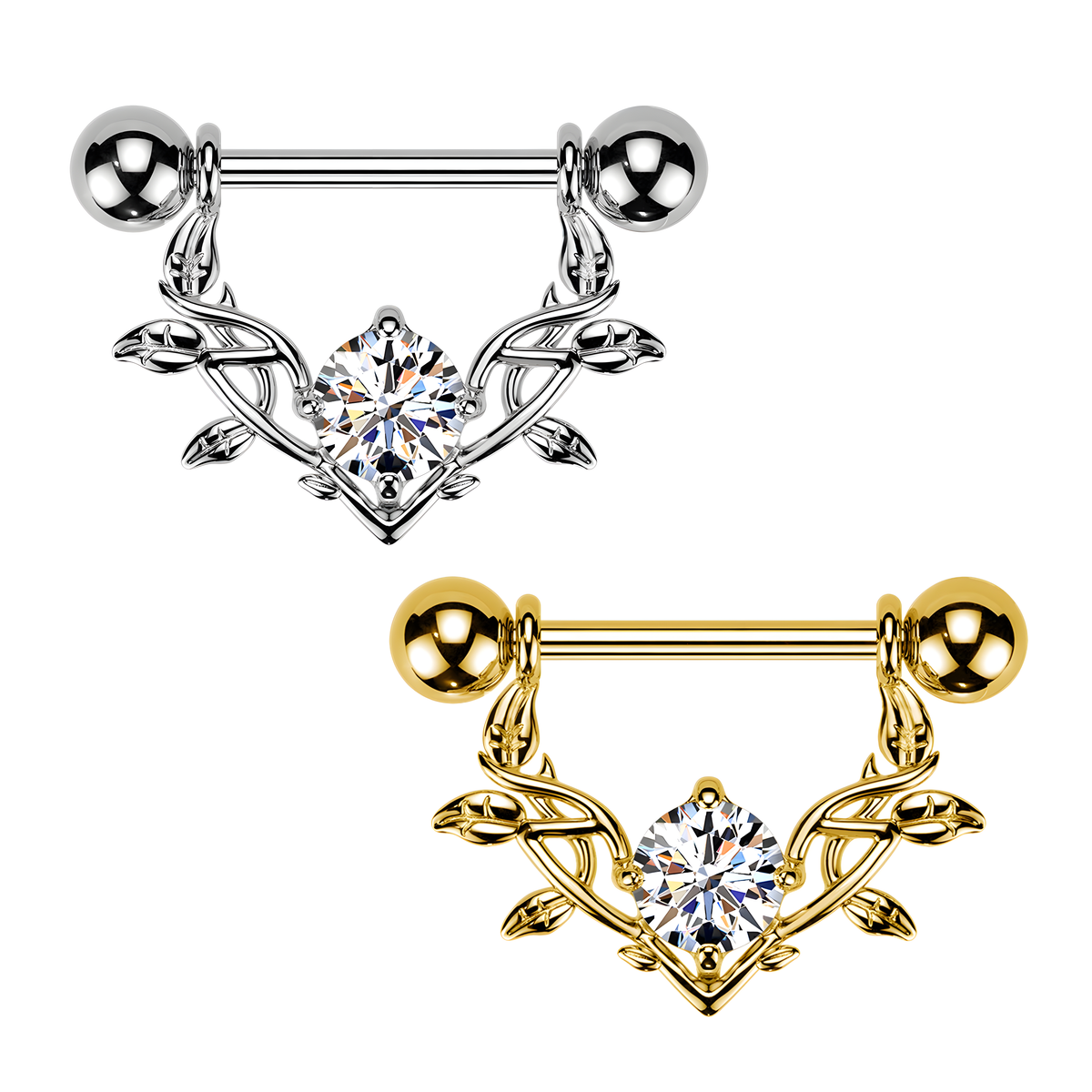 Piercing per Capezzolo con Cuore Stilizzato e Rami Spinati con Cristallo