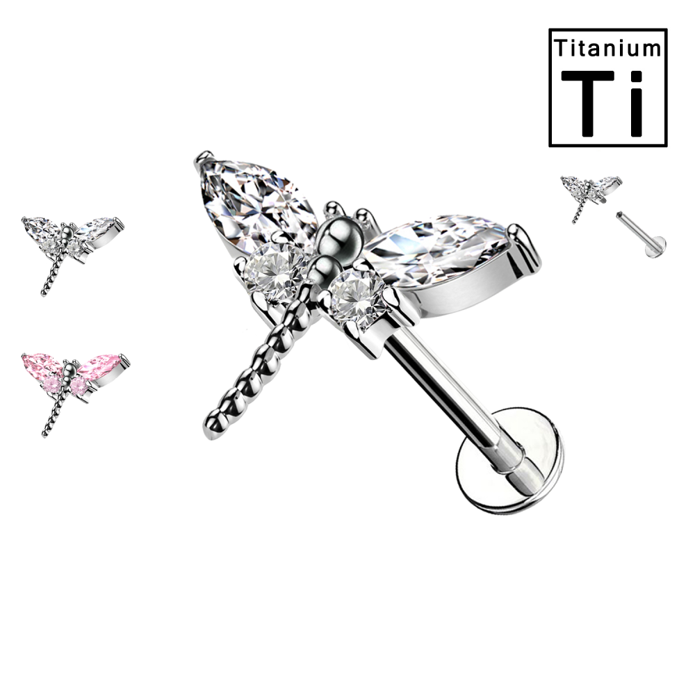 Labret Titanio Libellula con Cristalli Rosa e Bianco