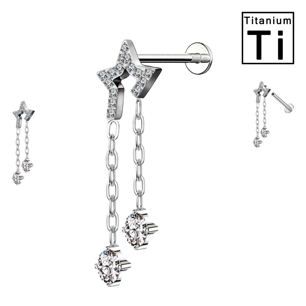Labret Titanio Stella con Catene di Cristalli