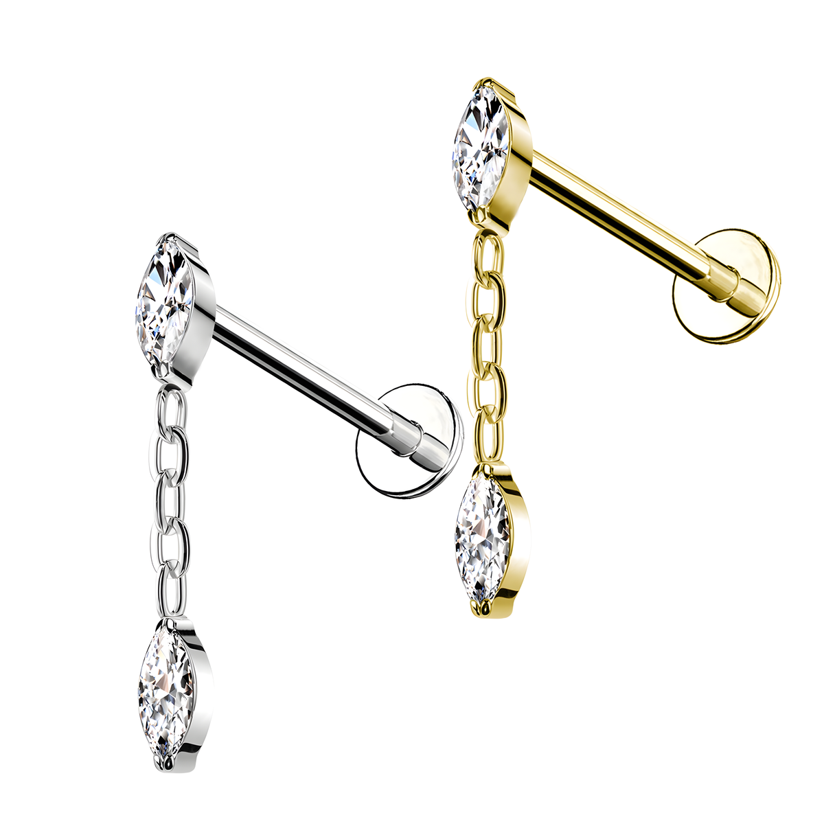 Labret in Titanio con cristallo a forma di marquise e catena e con Filettatura Interna