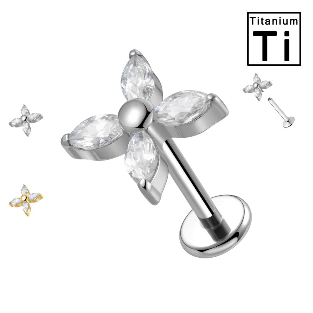 Labret in Titanio con 4 Cristalli Marquise Trasparenti