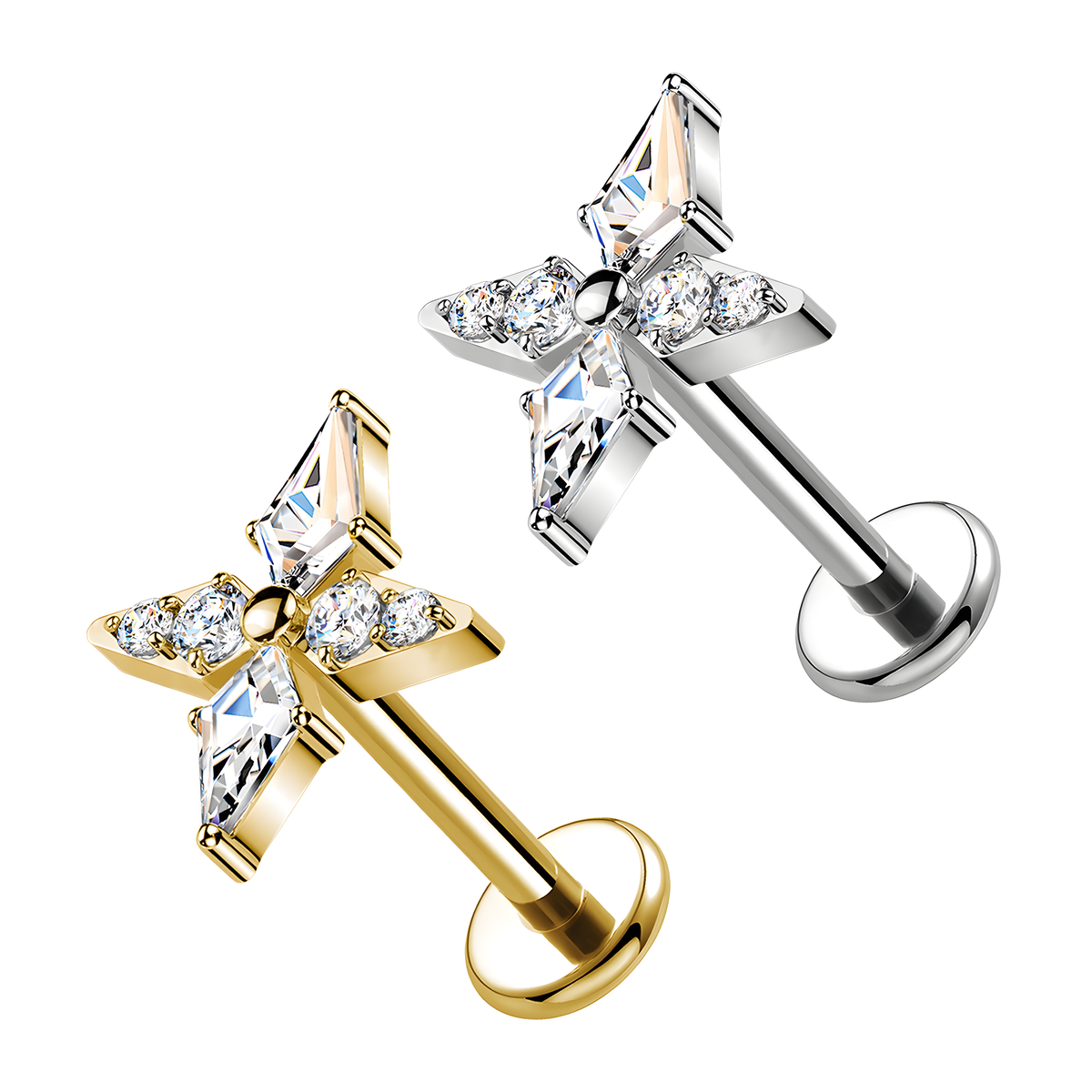 Labret in Titanio con Croce con Cristalli Filettatura Interna