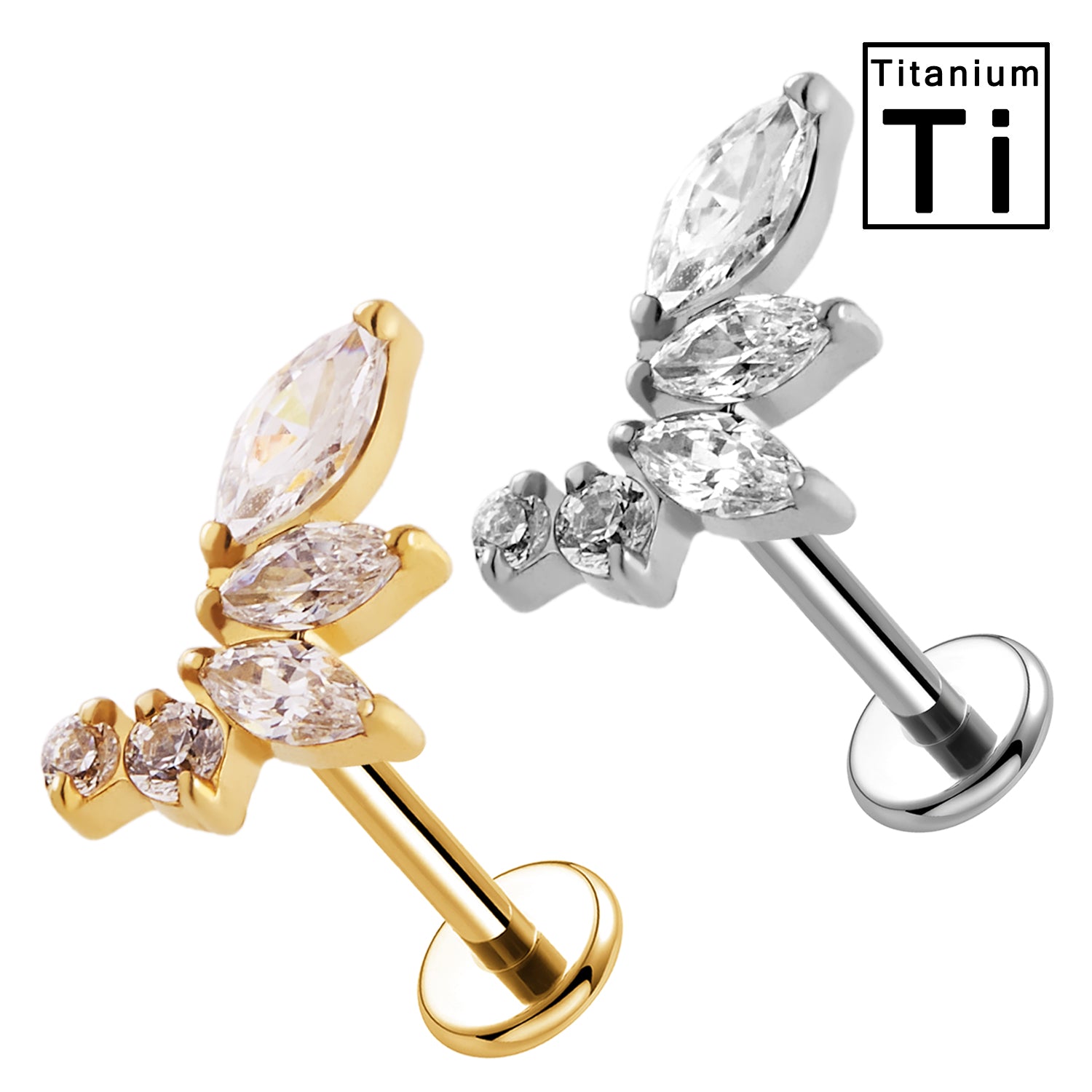 Piercing Labret in Titanio a Forma di Foglia con Cristalli