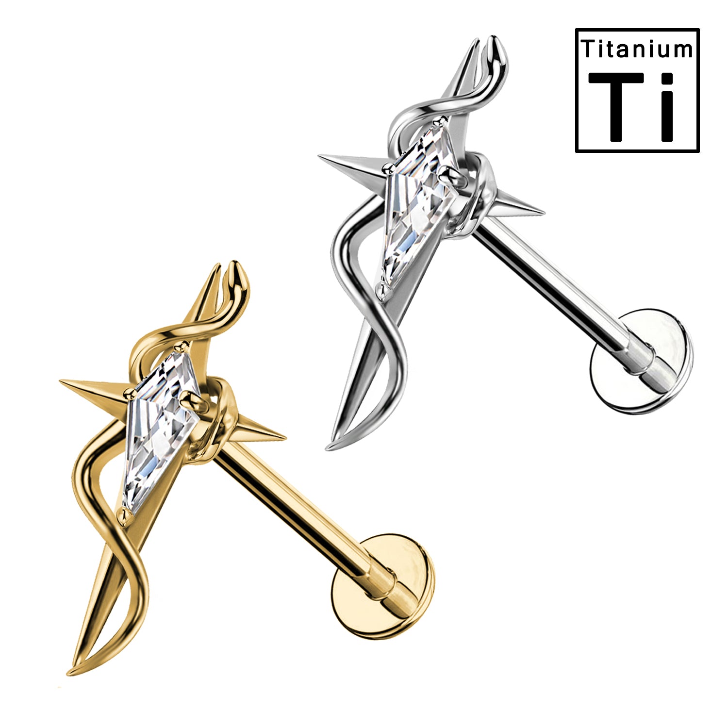 Piercing Labret in Titanio con Cristallo Geometrico e Struttura Intrecciata