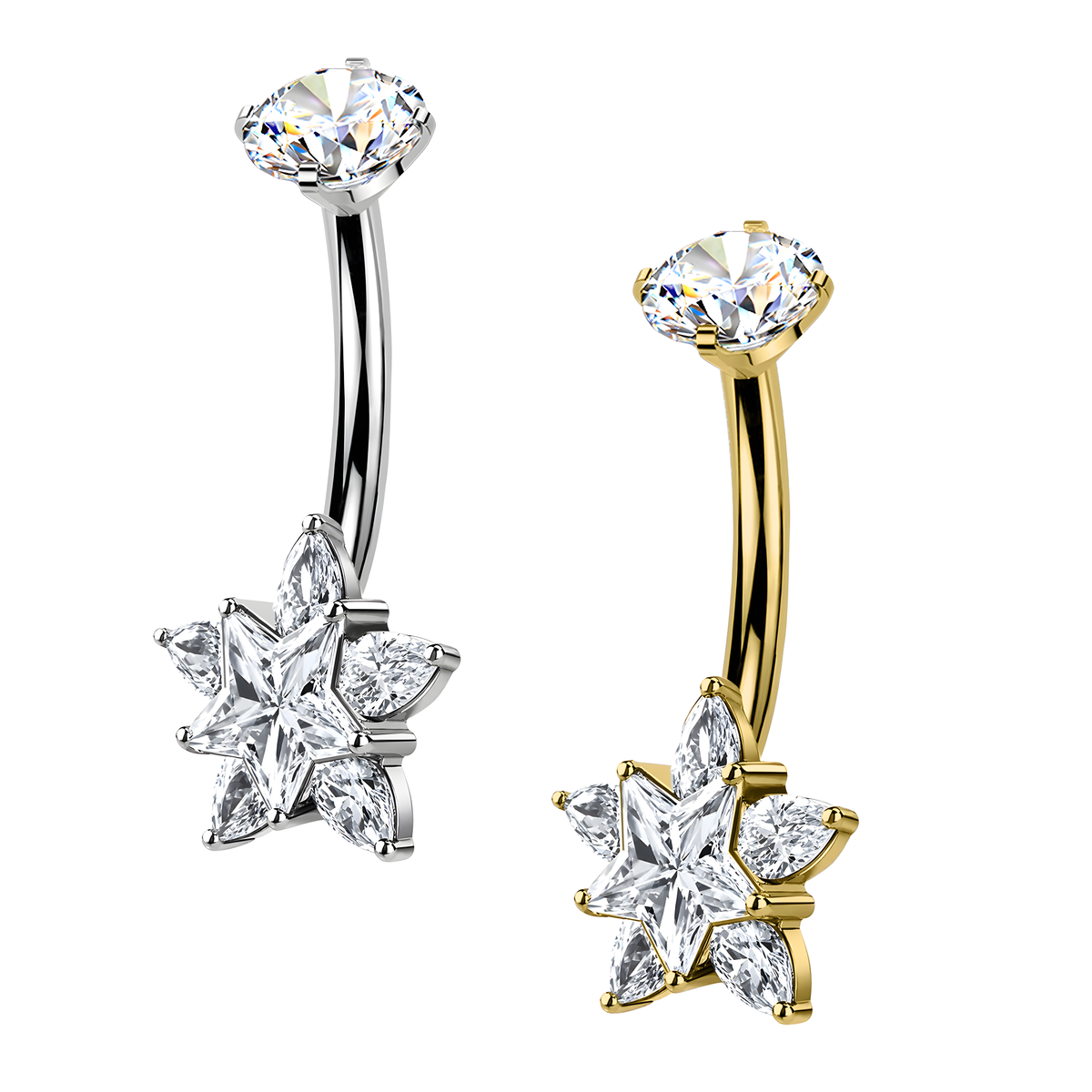 Piercing Ombelico in Titanio con Stella su Fiore di Cristalli
