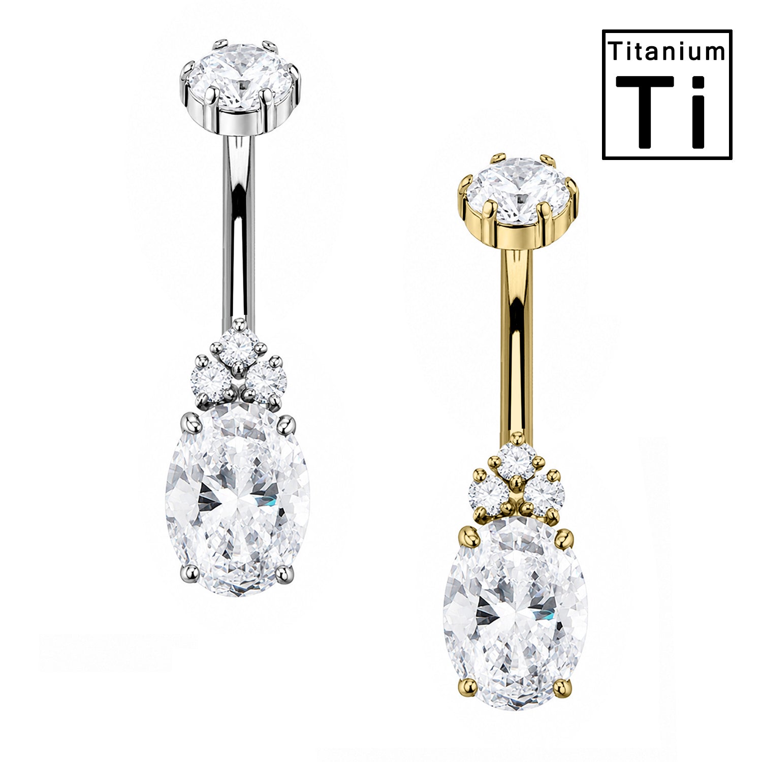 Piercing Ombelico in Titanio con Cristallo Ovale e Trio di Zirconi