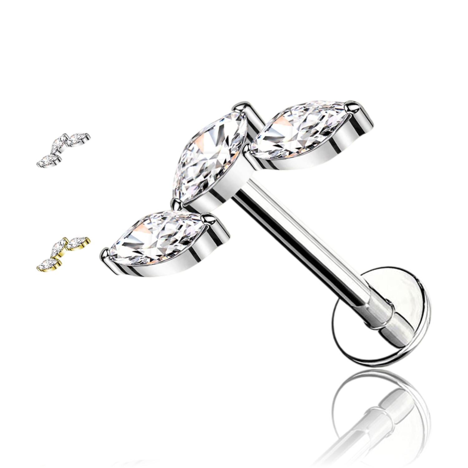 Piercing Labret in Titanio con Cristalli a Forma di Foglie  e con Filettatura Interna