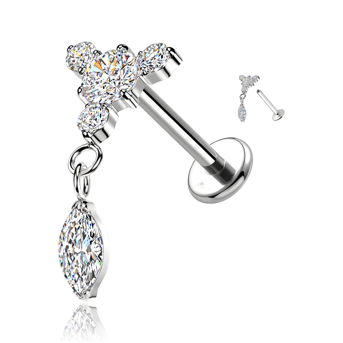Labret in Titanio con Grappolo di Cristalli e Pendente Marquise