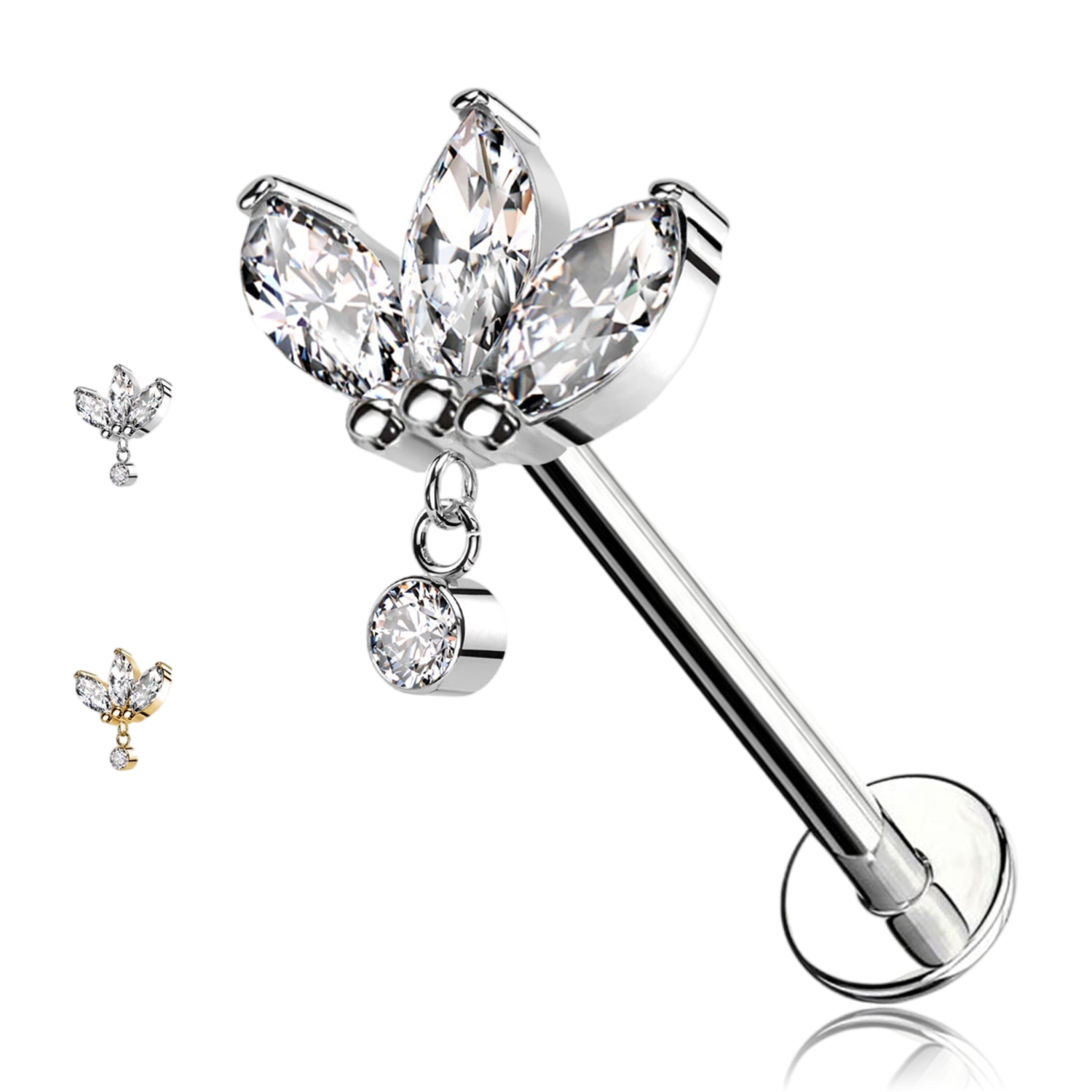 Piercing Trifoglio in Titanio con Cristallo e con Filettatura Interna