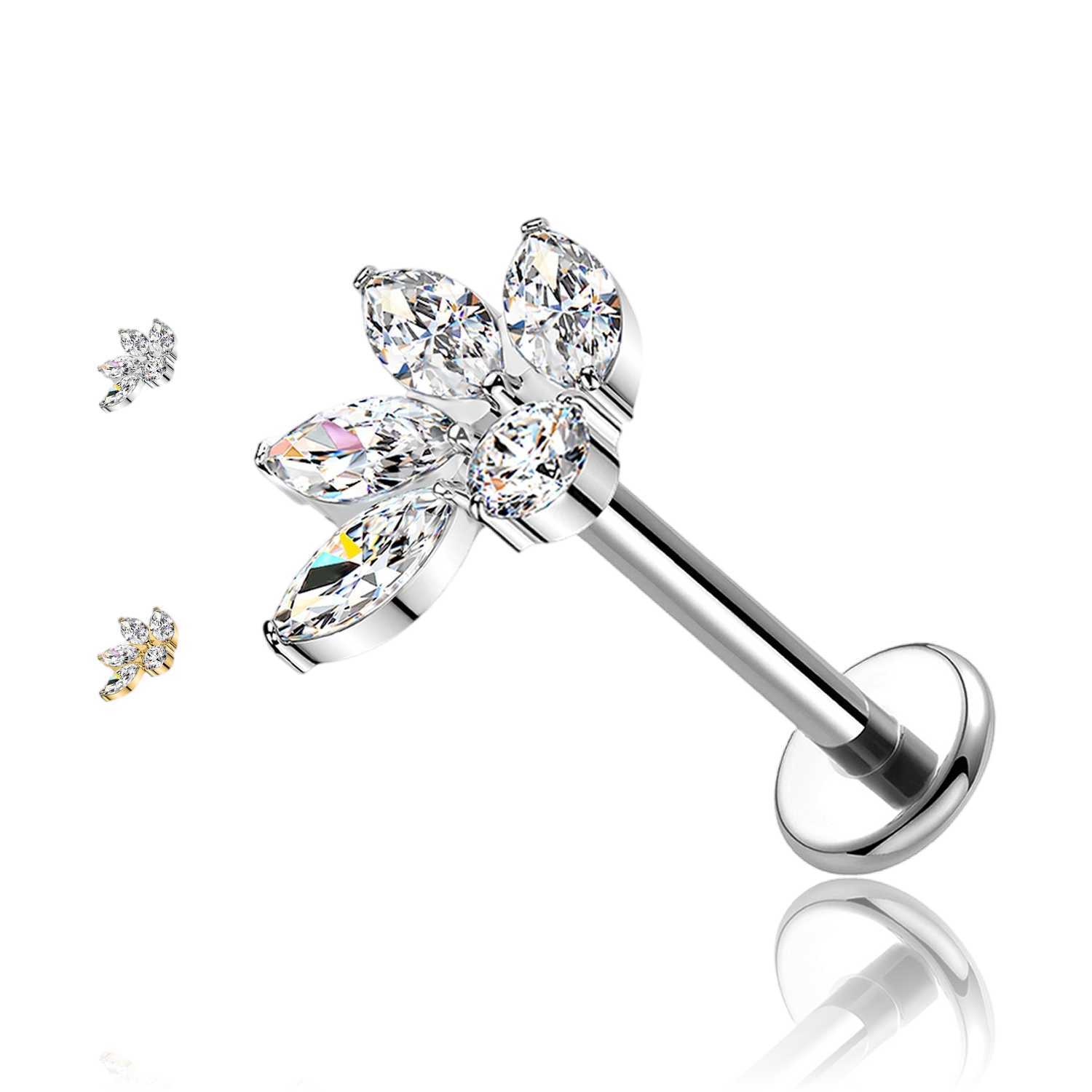 Piercing Labret con Fiore a Sei Cristalli Filettatura Interna